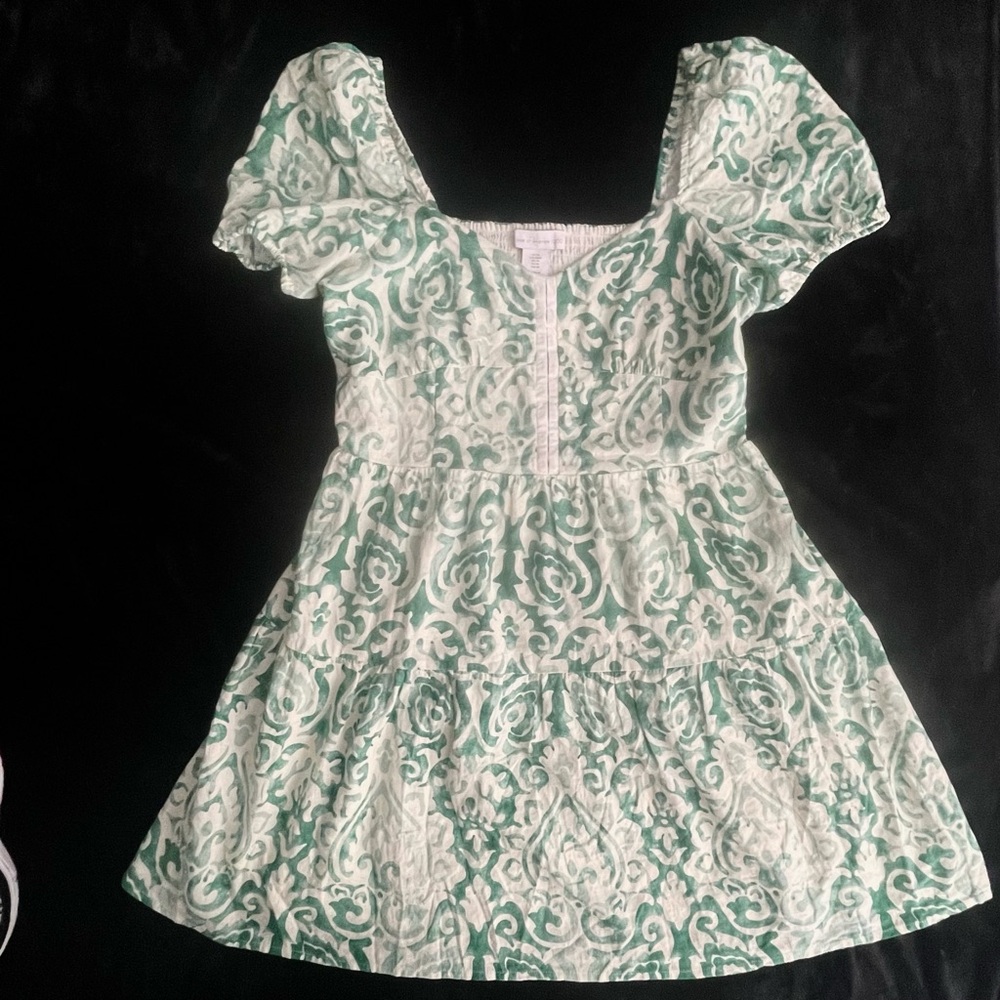 House of Harlow 1960 Dress Women’s Medium Green White Linen Lined Paisley Mini